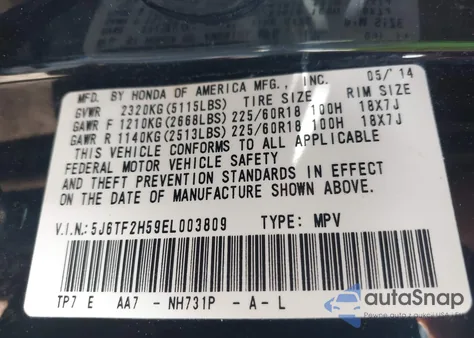 2014 Honda Crosstour Ex-L V6 from USA, damaged, VIN 5J6TF2H59EL003809